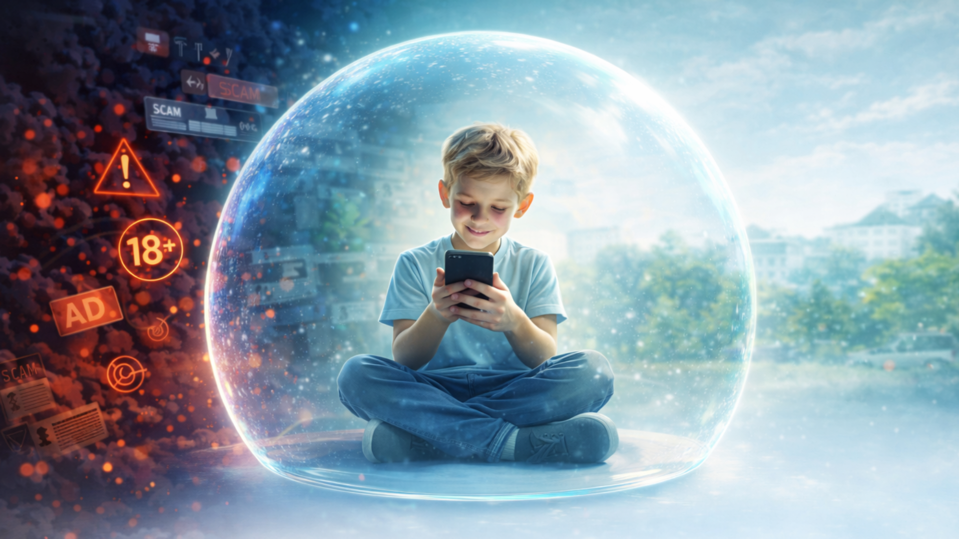 Kind in einer Schutzblase, geschützt vor digitalen Bedrohungen